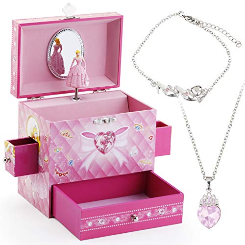 Kids Musical Jewelry Box for Girls with 3 Drawers and Jewelry Set with Cute Princess Theme - Beautiful Dreamer Tune Pink