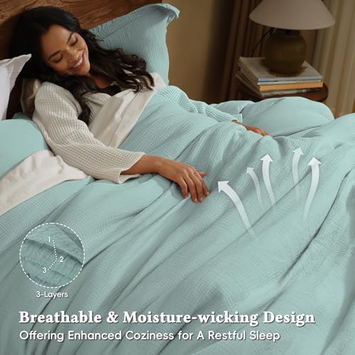 Image of David's Home Cotton Muslin Comforter Set Twin Size, 100% Cotton Cover Ultra-Soft Breathable Skin-Friendly for Spring Summer, 2PCS Linen Like Gauze Bedding Set with Polyester Filling, Teal Blue