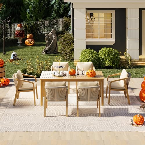 Wisteria Lane Outdoor Wicker Dining Set, 7 Piece Patio Dinning Table Grey Wicker Furniture Seating (Grey Cushions)