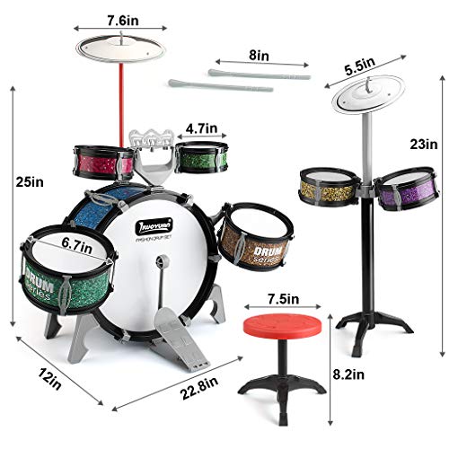 13 Pcs Kids Drum Set - 7 Drums, 2 Cymbals, 2 Drumsticks, Stool, Kick Pedal, Musical Instrument Jazz Drum Set For Toddlers 1-3, Ideal Gifts Toys For Kids, Boys & Girls #TOP3