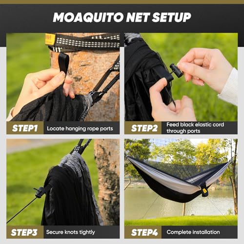 Image of Camping Hammock with Mosquito Net, 500 lbs Portable Hammock with Tree Straps, 2-in-1 Double /Single Travel Hammock Tent for Outside /Indoor /Backpacking /Beach - Black & Grey