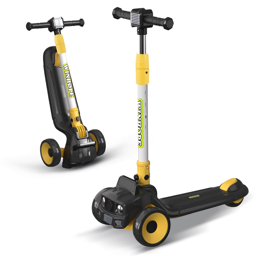 Winhope Kids Kick Scooter for Boys and Girls Ages 3-8, Adjustable Height Foldable Wide Standing Board Scooters Suit for Outdoor Activities(Black)