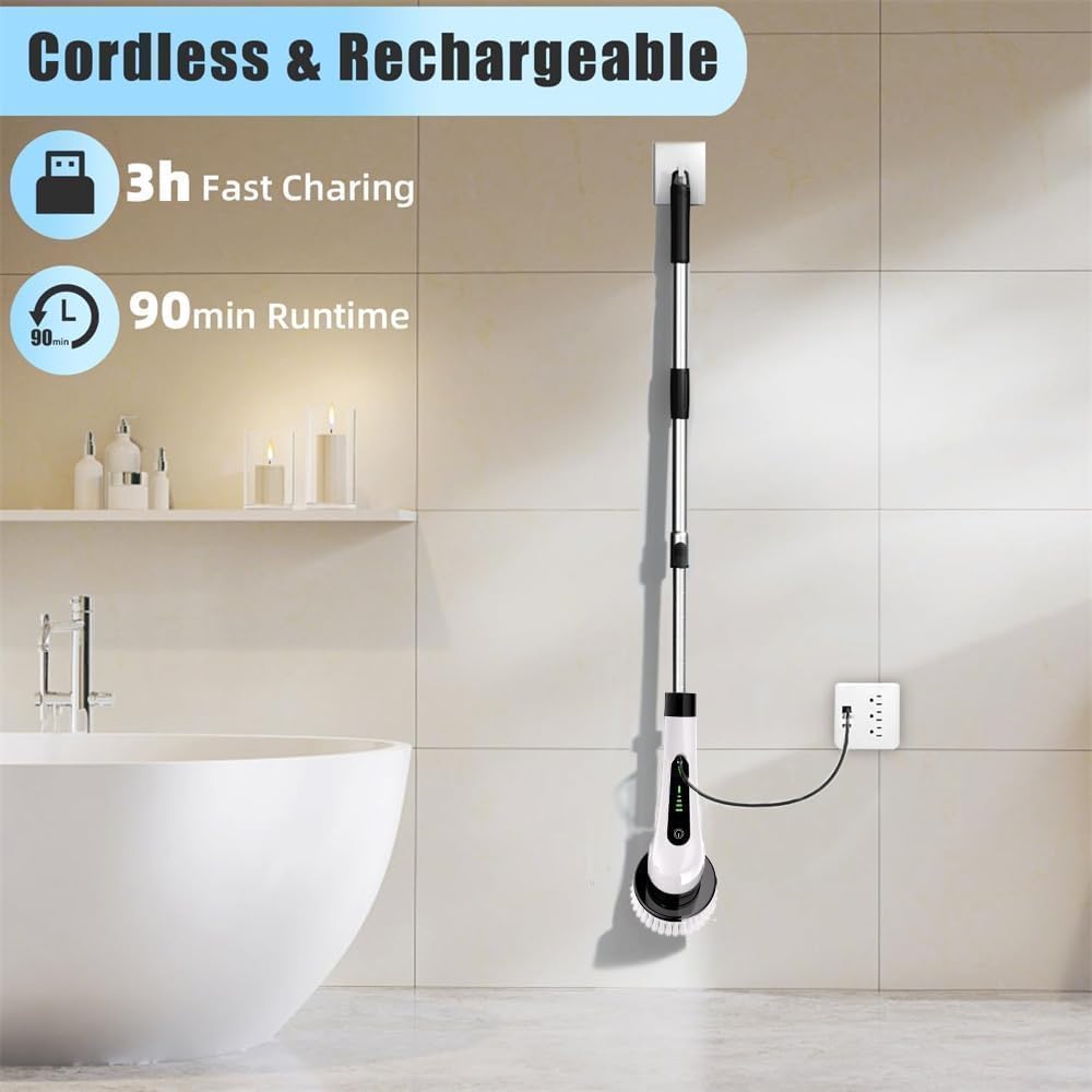 COOKVITA 9 in 1 Electric Spin Scrubber,Cleaning Brush Scrubber for Home, 300RPM/Mins 8 Brush Heads - 90Mins Work Time, 3 Adjustable Size, 2 Adjustable Speeds for Bathroom Shower Bathtub Car