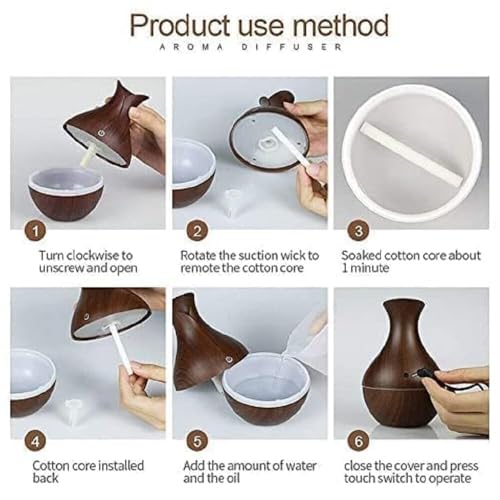 Image of Aroma Diffuser Humidifier with LED Light Ring, Wood Grain Design, USB Powered Mist Diffuser for Essential Oil and Water (Dark Brown Vase)