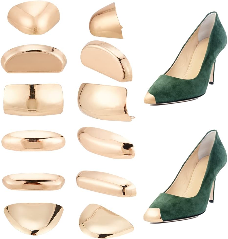 NBEADS 12 Pcs 6 Style Metal Shoes Pointed Protector, Metal Shoe Toe Protectors Light Gold High Heel Toe Caps Pump Toe Head Cap Cover for Shoes Protection Repair Accessories