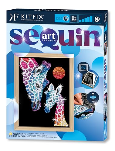 Kitfix - Sequin Art Giraffe and Calf with Wooden Frame - 27 x 36cm - Sequin Art Blue Premium - Creative Set - Craft Kit for Adults Teenagers and Children Aged 8+ - 2218