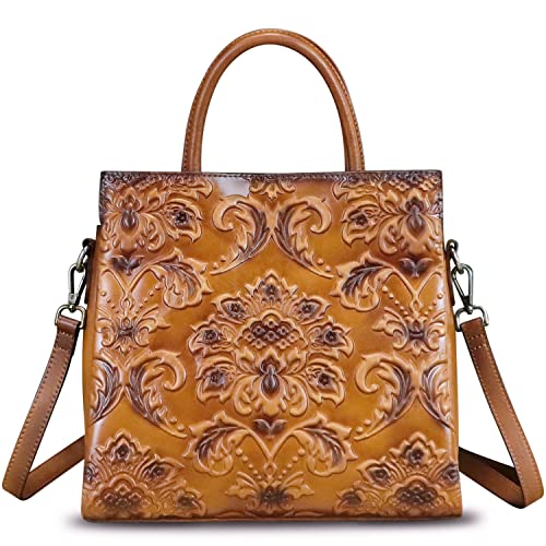 Image of Genuine Leather Satchel for Women Top Handle Handbag Handmade Embossed Vintage Satchel Crossbody Handbags Purse Bag