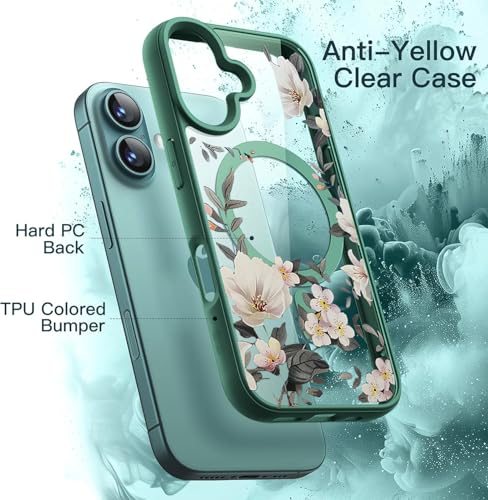 Image of VONZEE Compatible with iPhone 16 Plus Case Luxury Retro Flowers Floral Clear for Magnetic Wireless Charging Case Shockproof Case PC+TPU Cute Glossy Shiny Cover for Girls Women, 6.7'' Green