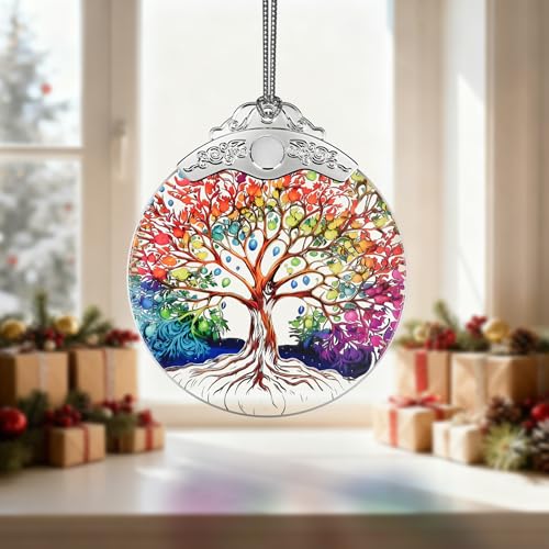 SUNQEBO Tree of Life Stained Glass Ornament, Crystal Ornaments for Christmas Tree Decorations, Holiday Presents Idea, Car Hanging Ornaments, Car Charm, Mirror Accessories
