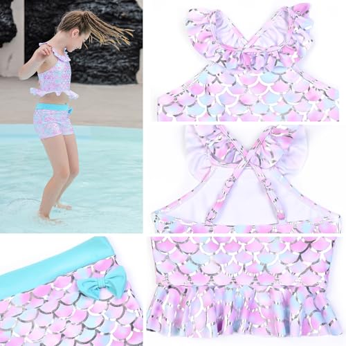 Image of CHILDRENSTAR Little Girls Tankini Swimsuit 2 Pieces Bathing Suit for Kids | Quick-Dry Cross-Back Adjustable Ruffles with Bow Decor Swimming Tankini and Short For Beach and Pool