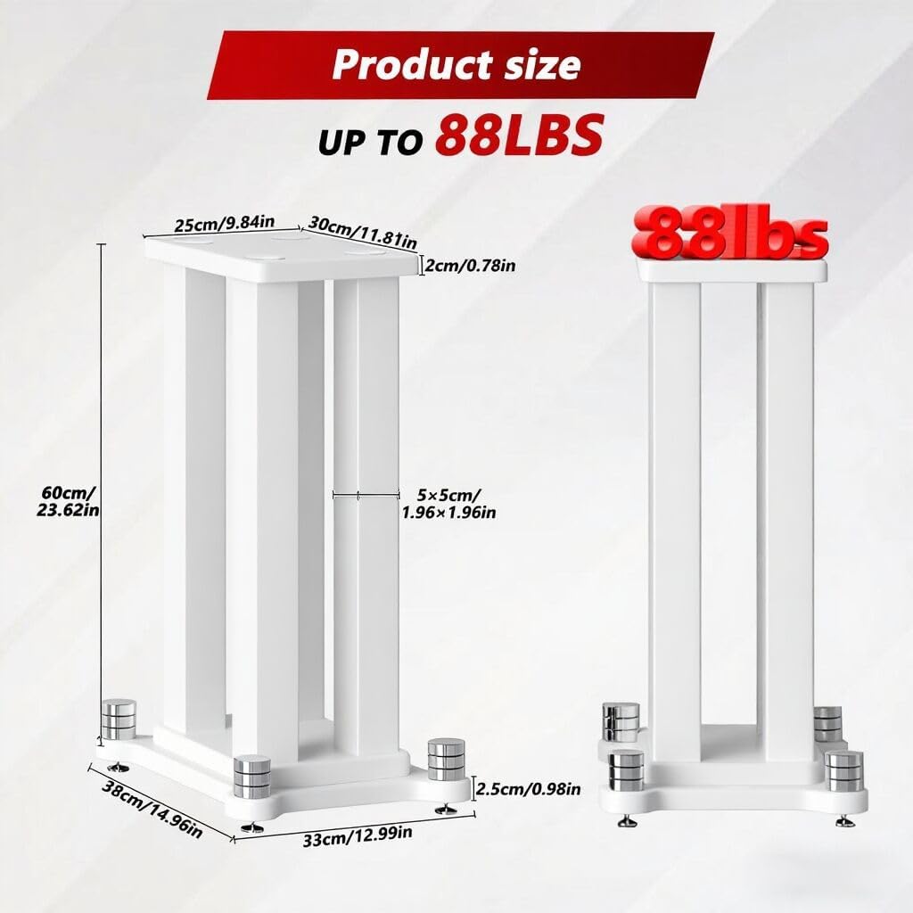 A Pair of Speaker Stands, Heavy Duty Speaker Stand Holds Bookshelf/Satellite/Large Speaker, Vibration-Absorbing MDF Design, 1.96×1.96in Metal Column Support,Holds 88lbs Speaker (White, 19.6in)