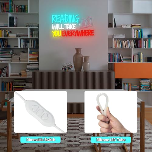 Image of Read Neon Sign Reading Will Take You Everywhere Neon Signs, Read Books Neon Light for Wall Decor, Dimmable Student LED Neon Light Up Sign for Classroom Bedroom Bookstore Library Study Room Decoration Kids Presents
