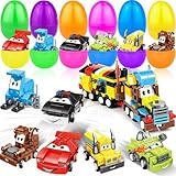 12 Pack 3' Large Filled Easter Eggs with Stem Toy Cars Kids Easter Basket Essential Plastic Surprise Egg Building Blocks 6 in 1 Transform Construction Vehicle Basket Stuffers Boy Egg Hunt Party Favor