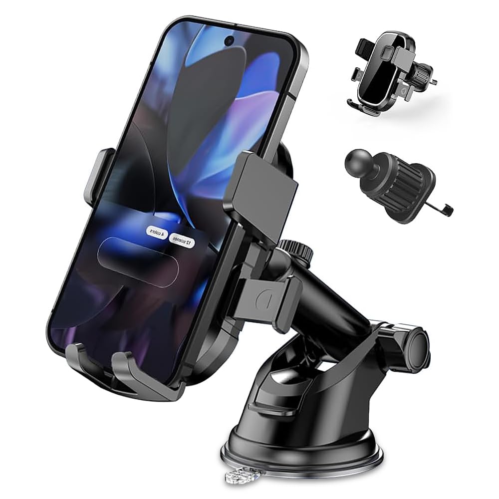 Upgraded 3-in-1 Phone Holders for Your Car, Heavy-Duty Car Phone Mount for Dashboard, Windshield & Vent, Universal Cell Phone Holder for iPhone &