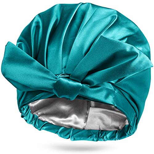 Shower Cap, INNELO Silky Satin Lined Shower Cap with Waterproof Nylon Out Layer, Adjustable Shower Cap Reusable Shower Cap Large Bath Hair Cap Shower Hat for Women Long Hair Peacock Blue
