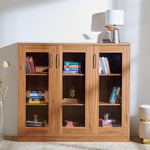 Image of Home Centre | Quadro 3-Door Book Cabinet | Engineered Wood | Brown | 1 Year Warranty