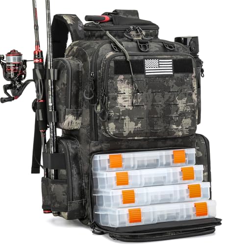 Image of Tactical Fishing Backpack with 4 Tackle Boxes, Rod Holders & Bottle Holder