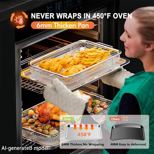 Image of Air Fryer Basket for Oven, THORSES 3 Set Oven Air Fryer Basket and Tray Set | with 90 PCS Parchment Papers, Thickened NonStick Stainless Steel Air Fryer Pan and Crisper Tray-Extra Large & Large & Medium