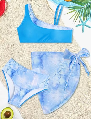 JiAmy Girls Swimsuits 3 Pieces Bikini Adjustable Spaghetti Strap Kids Bathing Suit Cover Up Skirt with Chest Pad 9-16 Y2