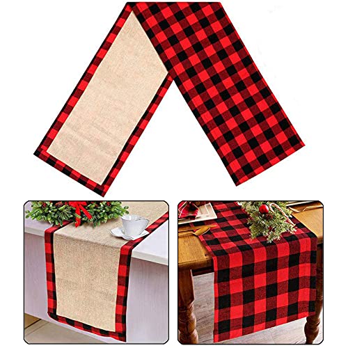 Fhberni Buffalo Plaid Check Table Runner Reversible Cotton Burlap Farmhouse Table Runner for Christmas Holiday Birthday Party Home Decoration (Red and Black, 14 x 72 Inch)