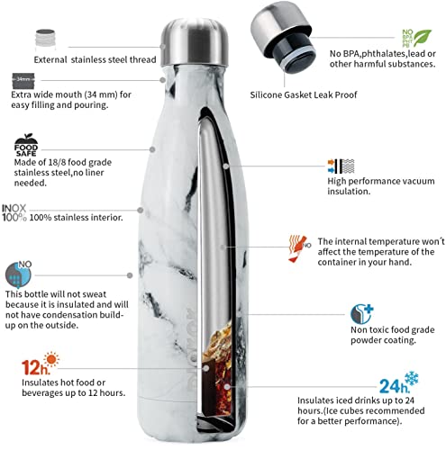 Image of BJPKPK Insulated Water Bottles 17oz Stainless Steel Sports Water Bottles Keep Cold for 24 Hours and Hot for 12 Hours,BPA Free,Marble Frozen