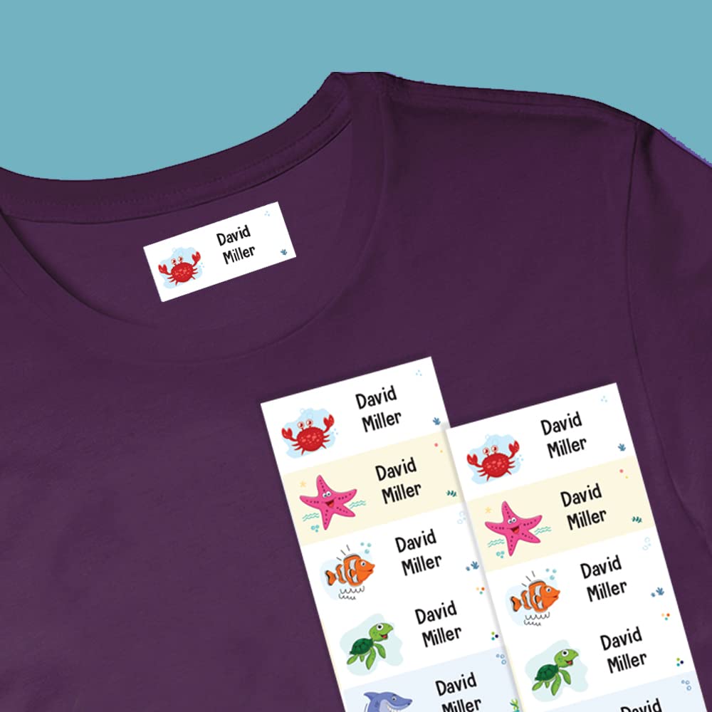 40 x Sea Creatures Clothing Labels for Care Home (37 x 15 mm) Waterproof Iron on Name Labels for Clothes Labels for Kids Papa Prints®