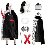 Beeoecm Disfraz Cruella Devil Mujer, 7 Piezas Capa Cruella de Vil Mujer con Collar Peluca Guantes, Traje Halloween Mujer para Carnaval, Cosplay, Fiesta