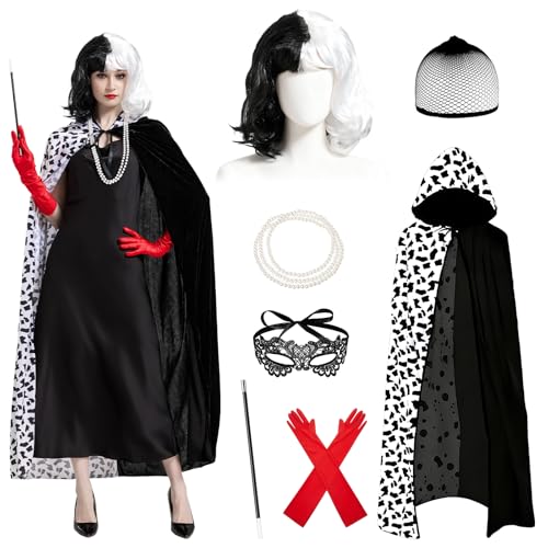 Beeoecm Déguisement Cruella Femme, 7 Pièces Costume Cruella Noire et Blane Adulte avec Cape à Capuche à Pois Noirs et Blancs, Perruque, Dentelle Masque et...