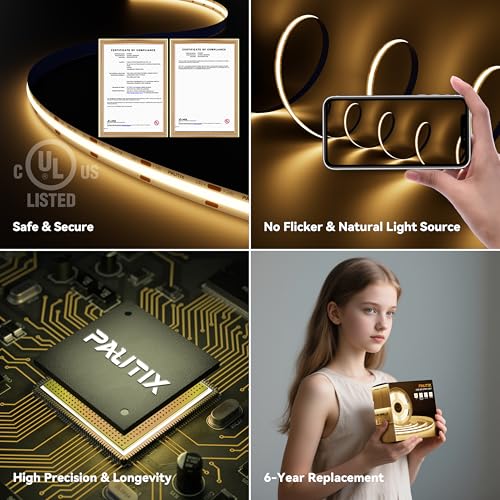 Image of PAUTIX COB LED Strip Lights with RF Remote,32.8ft UL Listed Dotless LED Lights Warm White 2700K,Super Bright Dimmable 24V Adhesive LED Tape Light,Kitchen Cabinets Shelf Mirror Office Bedroom Lighting