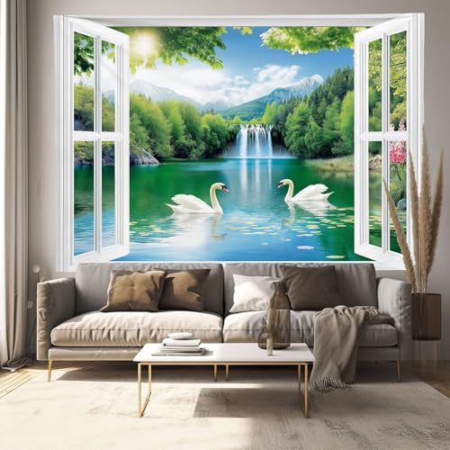 Tapisserie murale paysage avec motif fenêtres occultant les imperfections du mur