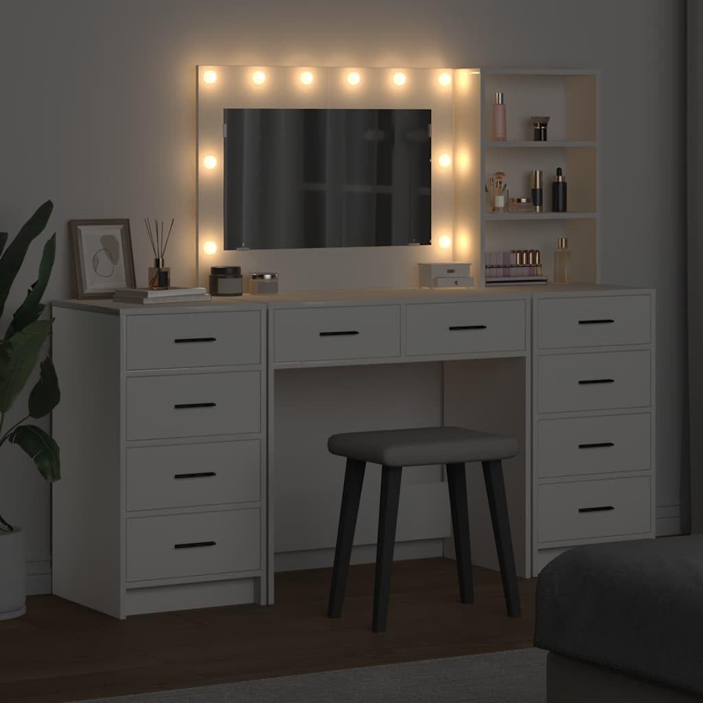 Tocador de tocador cosmético con espejo de maquillaje, iluminación de cajón y almacenamiento, espacio de almacenamiento LED para dormitorio, vestidor, habitación de niña, madera moderna