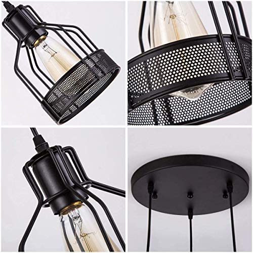 Chandelier industriel à 3 lampes suspension cage en métal noir