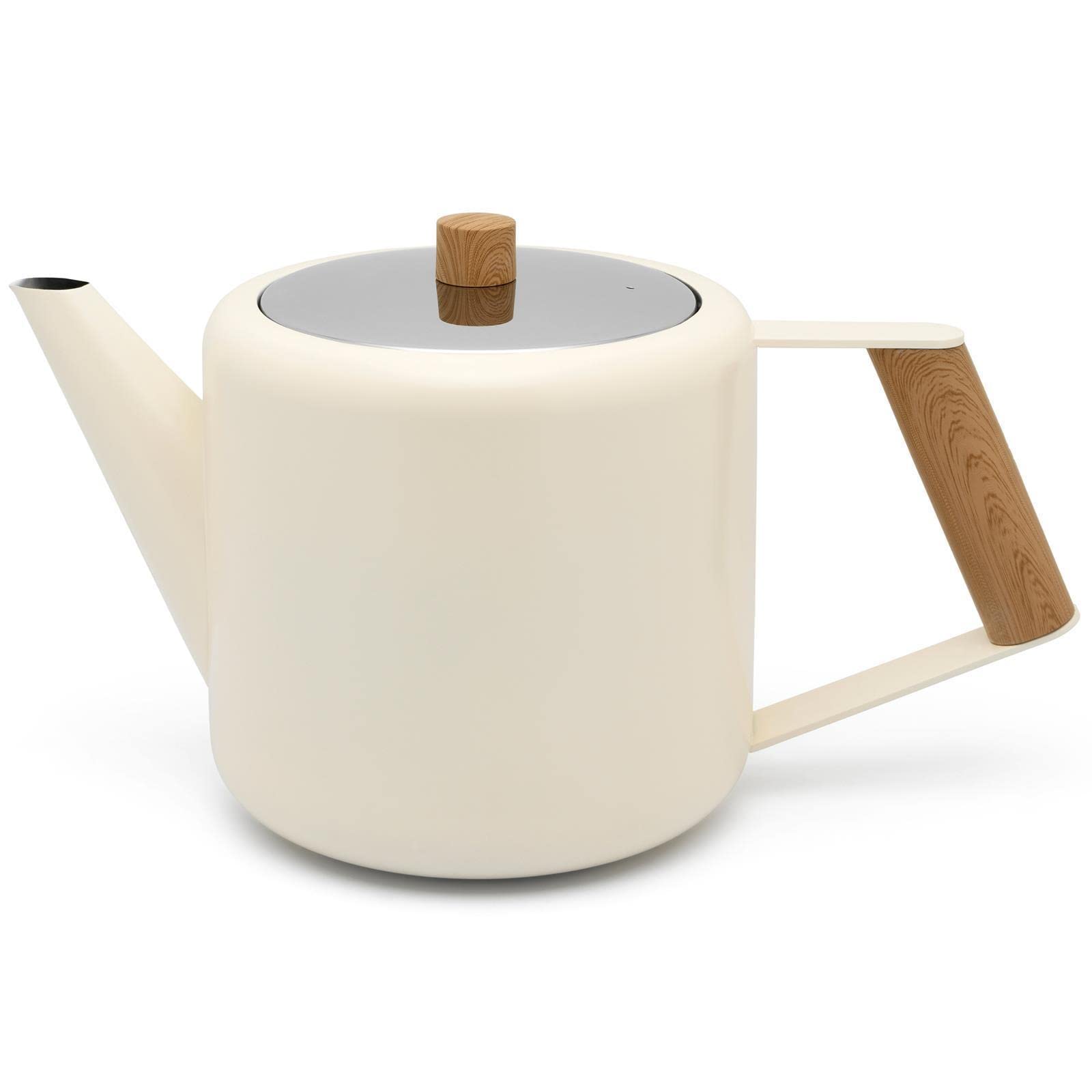 Bredemeijer Teekanne Set 1.1 Liter - Edelstahl doppelwandig Creme-Weiß - Großer moderner Teebereiter mit Tee-Filter-Sieb-Aufsatz für losen Tee - inkl. Holz-Untersetzer schwarz