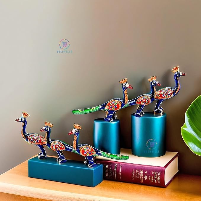 Hand-Painted Paper Mache Peacock Set, Traditional Indian Folk Art, Multi-Purpose Home Temple Office Decor, 6 Pieces