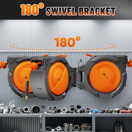 Dkenicor Retractable Air Hose Reel, 3/8\" x 120ft Hybrid Hose, Auto Rewind Enclosed Air Compressor Hose Reel with 180° Swivel Bracket, Max 300 PSI Any Length Lock for Garage & Workshop