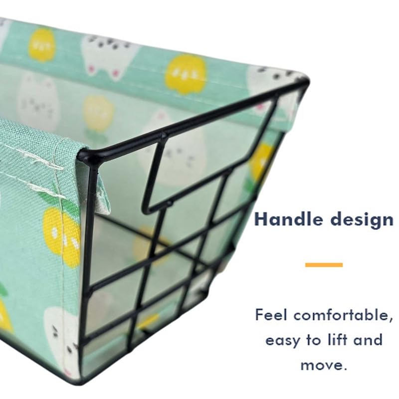 Image of Go Hooked Metal Storage Basket with Removable Fabric Liner | Mint Green Cat & Flower Print Multipurpose Organizer for Home, Bathroom, Study Desk | Decorative Wire Basket for Toys, Fruits, Snacks