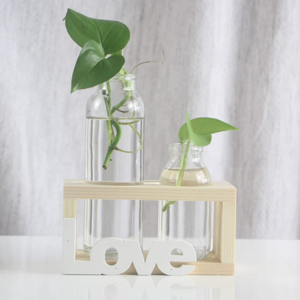 YXSH Station De Propagation des Plantes Vase Bouteille en Verre Plantes Hydroponiques Pot De Terrarium avec Support en Bois pour Mariage Bureau À Domicile Jardin Décoration De Table Vases À Bulbe