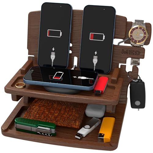 MED Wood Phone Docking Station for Men Nightstand Organizer & Charging Station for Multiple Devices Birthday Gift for Husband Dad Fathers Day Holds Phone Watch Wallet Keys (Dark Walnut)