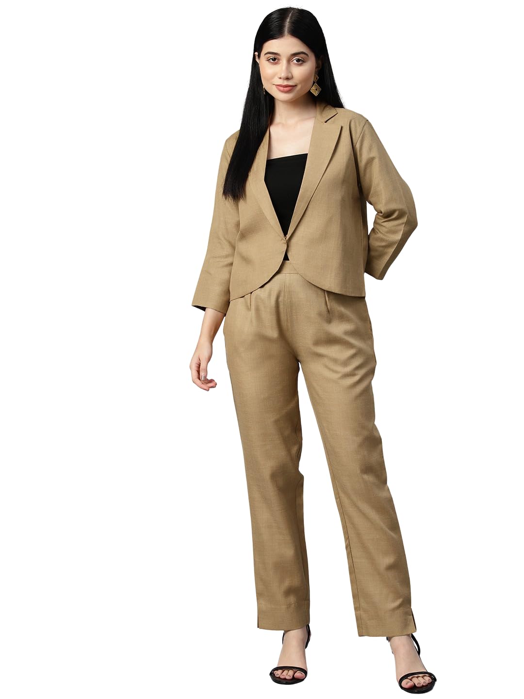 cottinfab Women Solid Brown Lapel Collared Coat and Trousers Co-ord Set-picture-24