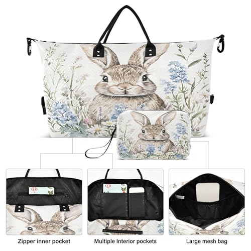 Cute Little Bunny Wildflowers Travel Duffel Bags Carry on Weekender Overnight Bag Large for Airplane with Toiletry Bag for Men Women2