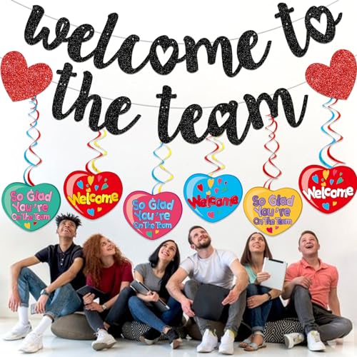 Image of Black Glitter Welcome to the Team Banner, Hanging Swirls, Sign, Decorations for New Employee, Coworker, Teacher, Colleague, Staff, Team Member Office Party