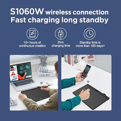 Image of Wireless Graphics Drawing Tablet, UGEE S1060W Digital Drawing Pad with 12 Hot Keys, 10x6.3 inch Pen Tablet with 8192 Levels Battery-Free Stylus Support Android /Windows /Mac OS /Chrome OS /Linux