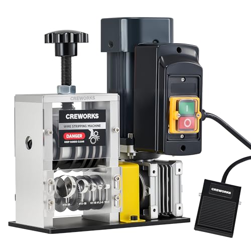 Image of CREWORKS 180W Motor Automatic Wire Stripper Machine, 5 Blade Electric Wire Stripping Machine for 0.06"-1.18" (1.5-30 mm) Scrap Wire with 2 Feed Plates Foot Pedal Switch Sharpening Rod