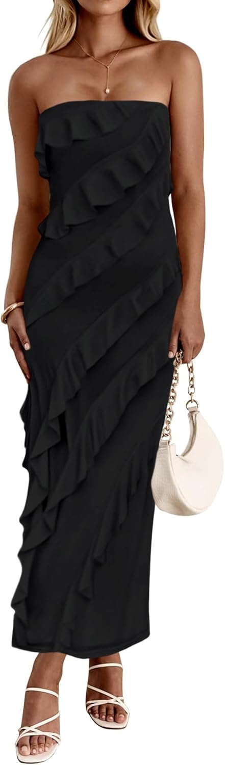 Muchpow Women's Strapless Ruffle Dress Midi Elegant Summer Bodycon Stretchy Mesh Ruched Party Cocktail Dresses