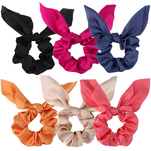 Bow Scrunchies For Hair, 6 Pcs Chiffon Scrunchies Silk with Bow Scarf, Solid Stripe Flower Color Bow Scrunchies Ponytail Holder, Hair Ties Ropes, Rabbit Bunny Ear BowKnot Scrunchies Hair Accessories