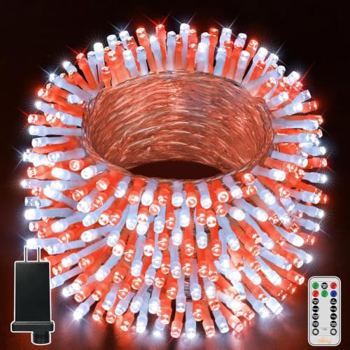 Ollny Red and White Christmas Lights Waterproof 400LED 131FT String Lights with Remote 3 Timer Plug in 8 Modes Fairy Light for Xmas Tree Indoor Bedroom House Party Wedding Decorations