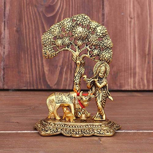 Image of Premium Golden Finish Metal Krishna Playing Flute with Cow Sculpture, Decorative Hindu God Murti for Mandir, Office, Festive Gift and Home Decoration