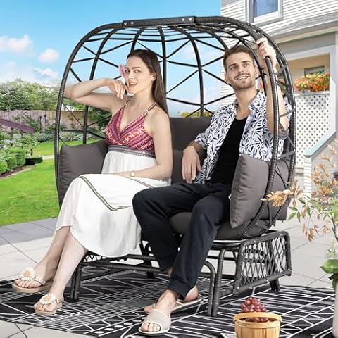 BULEXYARD Outdoor Indoor Double Wicker Glider Large Egg Chair with Legs 2 Person Loveseat Oversized Patio Slider Lounge Chair for Balcony Garden Backyard Porch (Grey, Glider Egg Chair) Cover