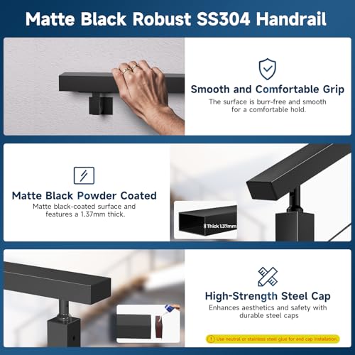 Image of 6FT Stainless Steel T304 Handrail Black with POM Connector, 3 Pack Rectangular Cable Railing Handrail Flat Deck Top Rail with SS304 End Caps for Indoor Outdoor Deck Stair Cable Railing System