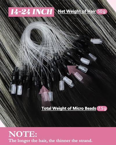 Image of YoungSee Micro Loop Hair Extensions Real Human Hair Ombre Microlink Hair Extensions Balayage Black with Silver Microbead Hair Extension Human Hair Straight 24 Inch for Prom 57g 50s